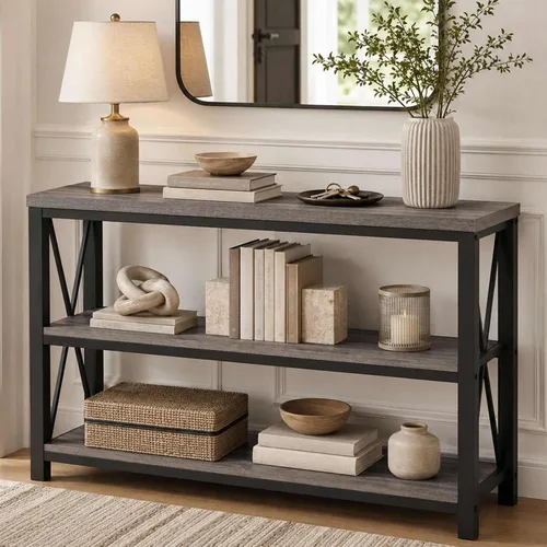 Vista 14 de BON AUGURE - Mesa de consola rústica detrás del sofá, mesa industrial de entrada con estantes, mesas de sofá de 3 niveles estilo granja para sala