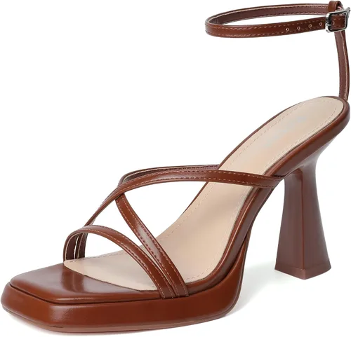 Vista 21 de Reitoye Tacones de tiras para mujer, con plataforma, tacones altos y gruesos, sandalias de tacón cuadrado con puntera abierta, correa de tobillo