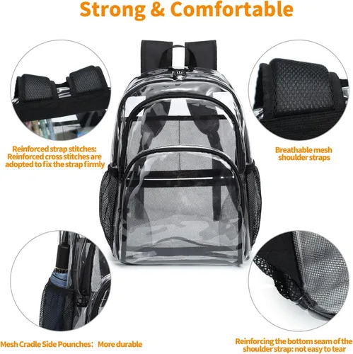 Vista 4 de KUI WAN Mochila transparente, bolsa transparente aprobada para estadios, mochila grande transparente de PVC resistente para estadio, escuela