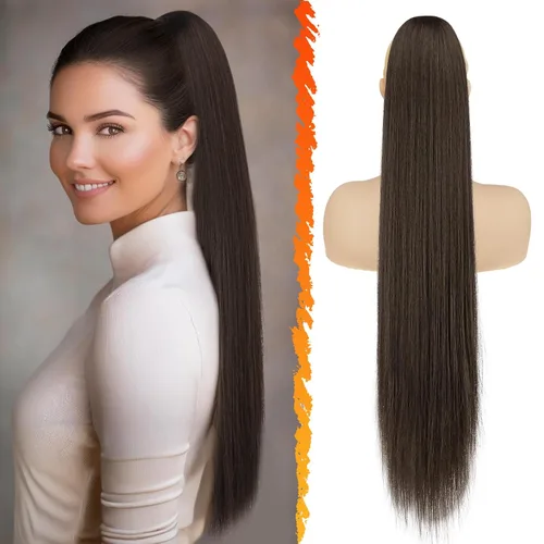 Vista 8 de Barsdar Extensión de cola de caballo marrón oscuro - Extensiones de cola de caballo cortas y rectas de 14 pulgadas con cordón para mujeres