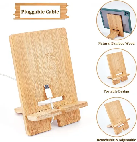 Vista 4 de OLYCRAFT Soporte para tableta de teléfono celular, soporte desmontable de bambú para tableta, soporte universal para teléfono celular con orificio
