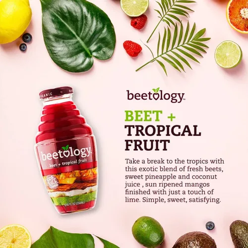 Vista 2 de Beetology Jugo orgánico de remolacha y tropical, 8.45 onzas (paquete de 6) 100% prensado en frío Saludable para el corazón Jugo de verduras