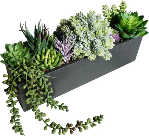 Vista 17 de Winlyn Planta de boj artificial de 14 pulgadas, arreglo de vegetación de boj sintético en negro, maceta rectangular de madera en maceta, planta
