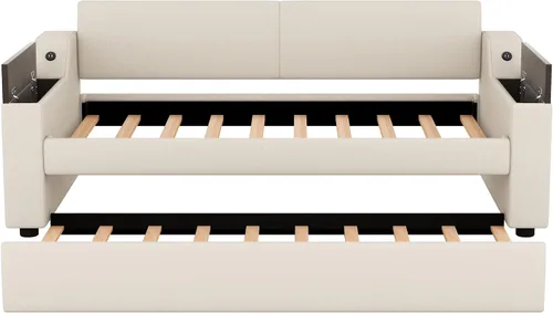 Vista 5 de Sofá cama doble con cama nido y 2 brazos de almacenamiento multifuncionales, marco de sofá cama de tela de lino con carga USB para habitación