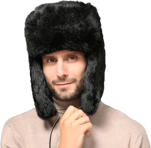 Vista 3 de Sombrero de pescador de piel sintética para hombres y mujeres, sombrero de invierno grueso peludo Ushanka Bomber Cap resistente al viento Ciclismo