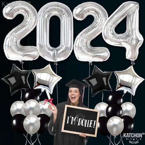 Vista 5 de Globos plateados 2025 y estrella, negro y confeti