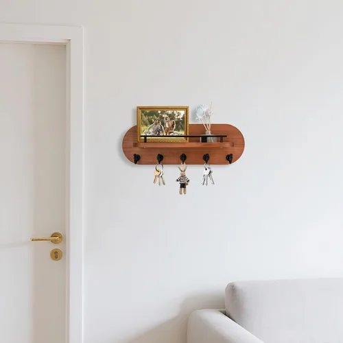 Vista 6 de SANY DAYO HOME Soporte para Llaves de Pared de Madera Marrón con Perchero de Entrada con 5 Ganchos Dorados, Barandilla de Estante de Metal