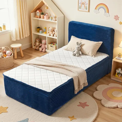 Vista 18 de Base de cama matrimonial sin hueso con cabecera de colchón, cama sin Beige