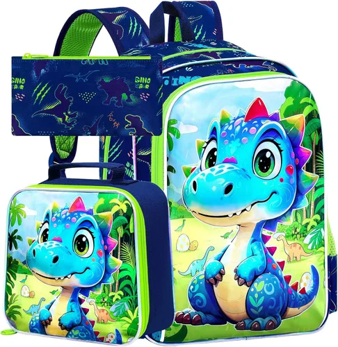 Vista 17 de gxtvo Mochila para niños de 3 piezas, 16 pulgadas con lonchera, resistente al agua, para preescolar, Astronauta Cohete Azul, Tamaño único, Impresión