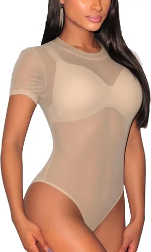 Vista 17 de Lrady Women's Short Sleeve Bodysuit Mesh Sheer Going Out Tops K#1 Negro