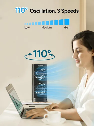 Vista 4 de Dr. Prepare Ventilador oscilante de torre, ventilador de escritorio portátil con opciones de 3 velocidades, circulación de aire dual, oscilación