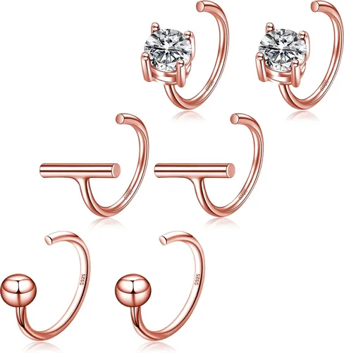 Vista 19 de CHIC & ARTSY Aretes de medio aro de plata de ley 925 para mujer, juego de aros pequeños con barra de bola, estrella, luna y perla, ligeros, ajuste