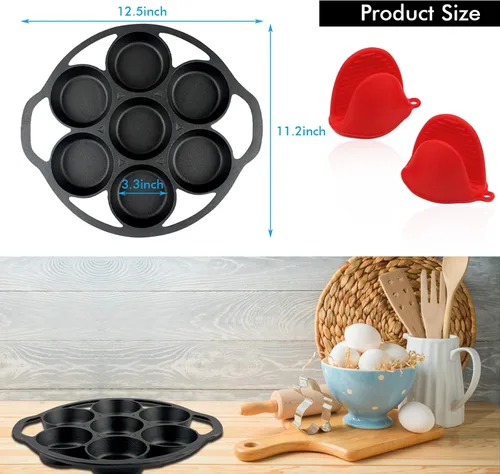 Vista 2 de YOLOPLUS+ Molde para magdalenas de hierro fundido pre-sazonado con guantes resistentes al calor, 11.2 pulgadas, 7 tazas de bandeja para galletas