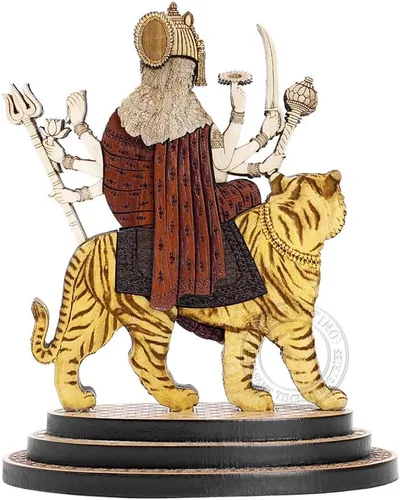 Vista 2 de Estatua tallada en madera Durga Maa de 4 pulgadas en maderas duras exóticas - Ídolo Durga MATA de madera multicapa hecho a mano con león