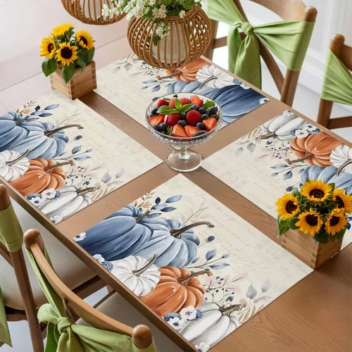 Vista 6 de Juego de 4 manteles individuales de otoño con diseño de calabaza azul, hojas florales, manteles individuales de otoño, lavables, cosecha, Acción