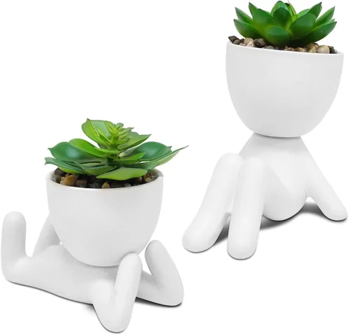 Vista 13 de Zerzsy 3 plantas suculentas artificiales con macetas creativas de cerámica en forma de humano, mini plantas en maceta, plantas falsas de baño Negro