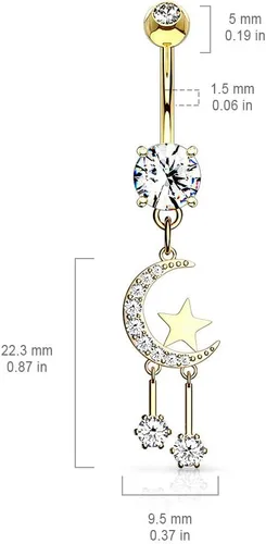 Vista 2 de Pierced Owl - 14GA Stainless Steel Crystal Paved Crescent Moon and Stars Dangling Belly Button Ring