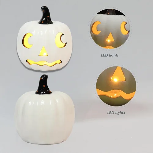 Vista 3 de Midnight Manor Halloween LED iluminado cerámica Jack O Lantern batería incluida (blanco)