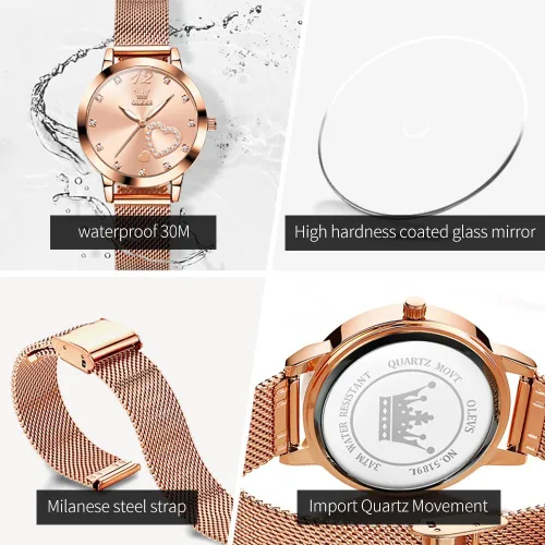 Vista 5 de OLEVS Relojes para mujer, correa de malla de oro rosa, vestido de moda, cuarzo japonés, impermeable, luminoso, para mujer, conjunto de pulseras