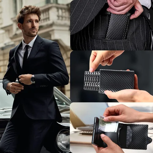 Vista 8 de Gemonklee Billetera emergente, soporte de aluminio para tarjetas de crédito con soporte para AirTag con cremallera RFID, cartera con clip