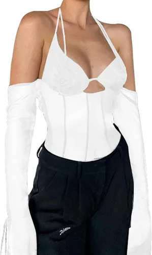 Vista 2 de SansoiSan Womens Hollow Out Sexy Mesh Patchwork Crop Camis Long Sleeve T-Shirt Tops