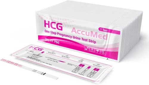 Vista 2 de Kit de tiras de prueba de embarazo (HCG) AccuMed, resultados claros y precisos, 99% de precisión, 50 unidades (paquete de 2)