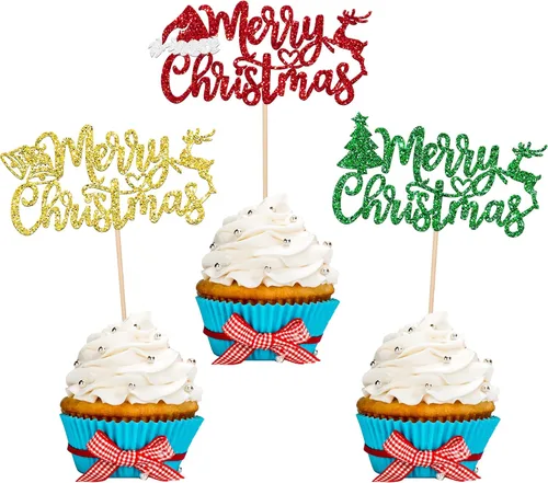 Vista 22 de Paquete de 24 Adornos Navideños Oh Baby para Cupcakes con Sombrero de Navidad con Purpurina, Palillos de Comida para Baby Shower para Niños y Niñas