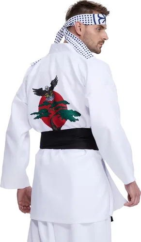 Vista 3 de Disfraz de karate para hombres adultos, conjunto de 4 piezas de uniforme de karate de Halloween