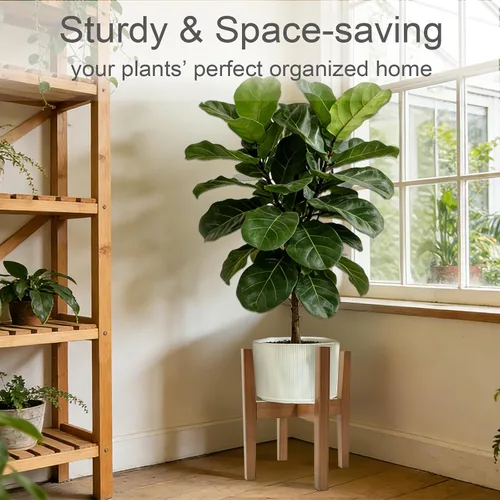 Vista 7 de Soporte de bambú natural para interiores, estante ajustable para plantas de interior que se adapta a macetas de 8 a 12 pulgadas, decoración moderna