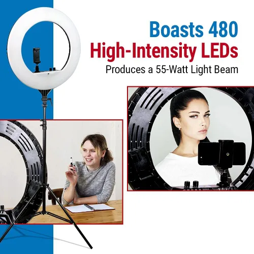 Vista 4 de Vidpro RL-18 Kit de luces LED de 18 pulgadas con soporte y funda, 55 W, regulable, 3200-5600 K, juego de anillos de control de color variable