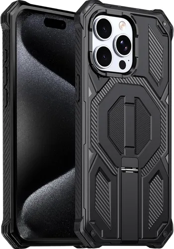 Vista 15 de Funda magnética para iPhone 15 con soporte y protector de pantalla [compatible con Magsafe] antideslizante, cuerpo completo, doble capa, resistente