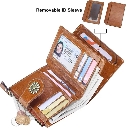 Vista 2 de Lavemi Cartera de cuero para mujer, pequeña, compacta, con bloqueo RFID, con bolsillo con cremallera