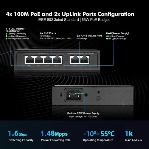 Vista 4 de Mini conmutador PoE de 6 puertos con 4 PoE+, 2 Uplink, Ethernet de 10/100Mbps, 65W 802.3af/at PoE, interruptor de red PoE+ YuLinca sin ventilador
