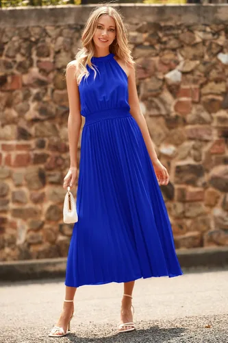 Vista 2 de PRETTYGARDEN Vestidos largos de verano para mujer, sin mangas, cuello halter, plisado, vestido de cóctel