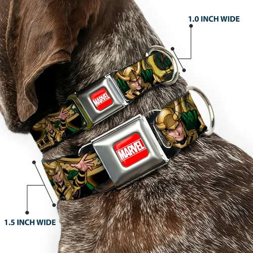 Vista 2 de Collar de perro hebilla de cinturón de seguridad Loki Poses Negro Oro Verde 9 a 15 pulgadas 1.0 pulgadas de ancho