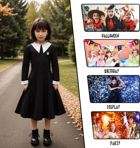 Vista 5 de Digi Halloween Wednesday Addams Costume Girls Dress,Halloween Birthday Cosplay Costumes for Kids 4-12 Years