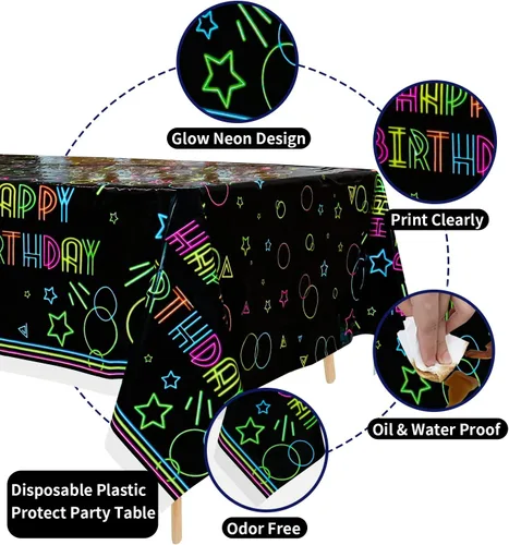 Vista 3 de Paquete de 3 suministros para manteles de fiesta que brillan en la oscuridad, mantel desechable de plástico neón, mantel rectangular con estampado