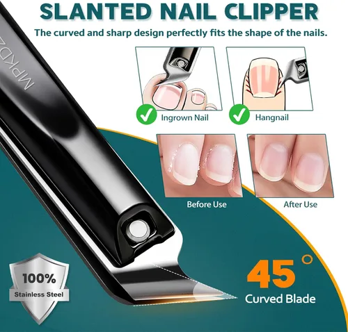 Vista 4 de Pro 5 en 1 Juego de cortaúñas para hombres y mujeres. Kit de manicura de acero inoxidable ultra afilado con recortador en ángulo en estuche de cuero