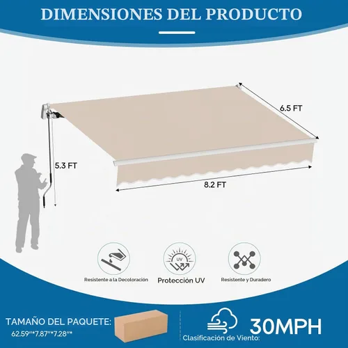 Vista 2 de Toldo de patio de 8.2 x 6.5 pies, toldo retráctil, cubierta parasol, refugio al aire libre, toldo con manivela y poliéster resistente al agua