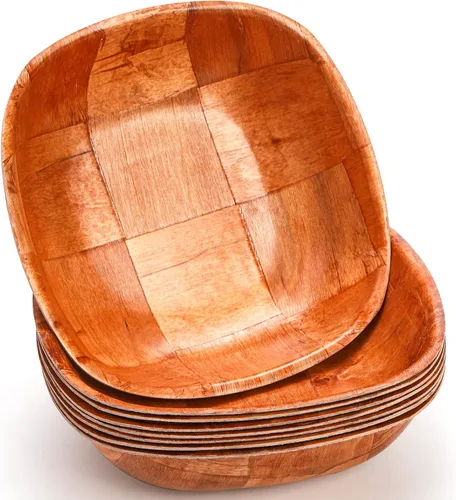 Vista 9 de Elsjoy Paquete de 8 ensaladeras tejidas de madera, cuencos redondos apilables de madera para servir, cuenco rústico para ensalada, frutas, verduras