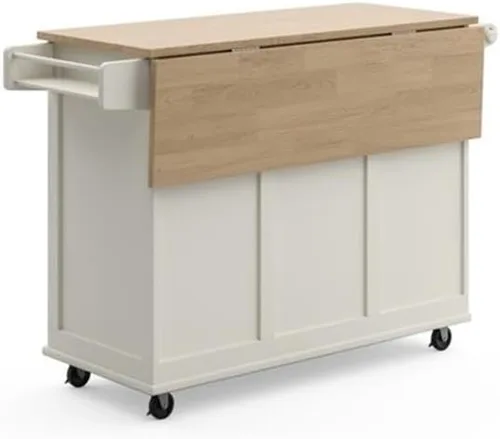 Vista 4 de Hawthorne Collections Carrito de cocina de madera, acabado blanco, encimera de hojas caídas, ruedas con bloqueo, estante de especias, barra