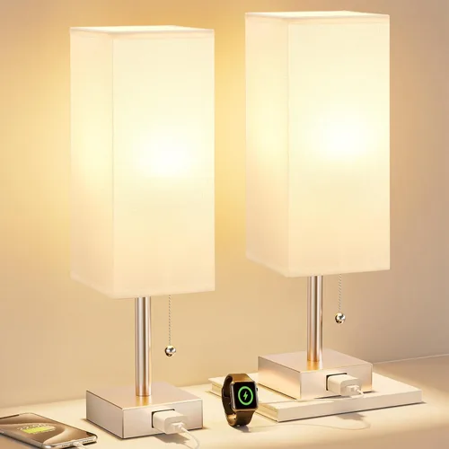 Vista 17 de Fenmzee Juego de 2 lámparas de noche para dormitorio, pequeña lámpara rectangular para mesita de noche con puerto de carga USB A C, luz