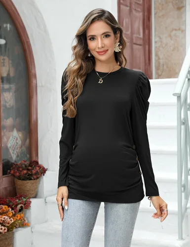 Vista 3 de Camisas de maternidad para mujer, cuello cuadrado, manga larga abombada, linda, casual, blusas, ropa de otoño