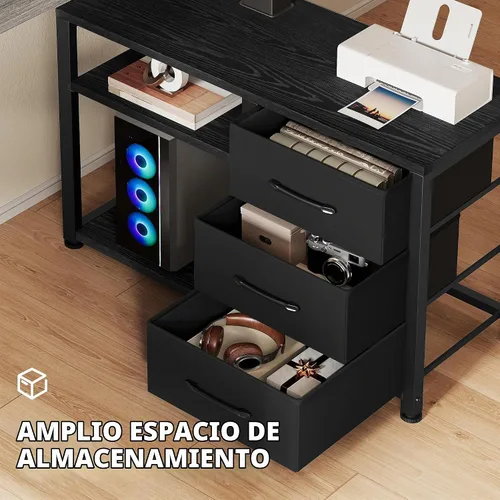 Vista 5 de Escritorio eléctrico en forma de L de 47 pulgadas con 3 cajones, mesa de computadora de almacenamiento, altura ajustable con tomas de corriente, 4