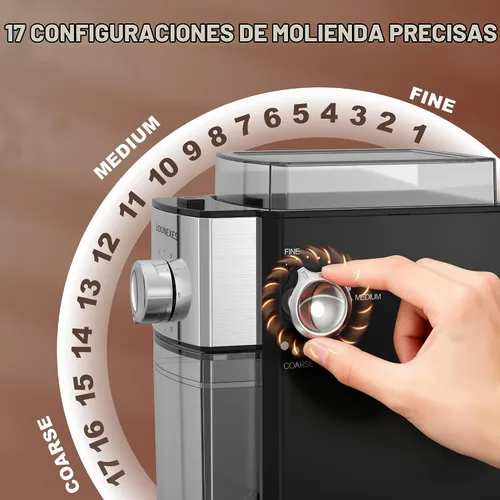 Vista 3 de Molinillo de café eléctrico de rebabas, molinillo de rebabas plano compacto con 17 ajustes de molienda precisos, desde espresso hasta preparación