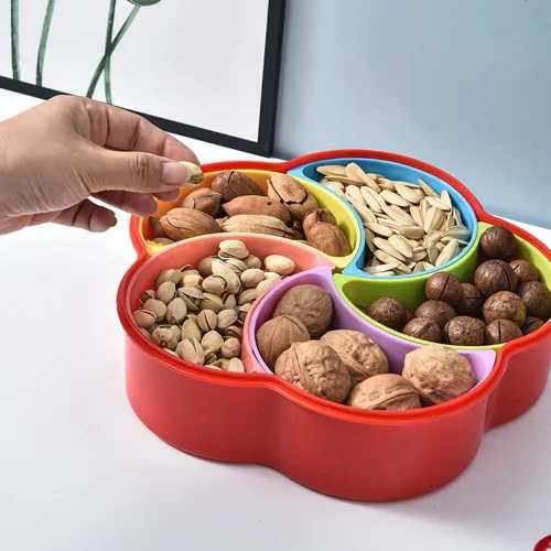 Vista 7 de Bandeja de plástico dividida para servir 5 compartimentos, bandeja para servir aperitivos con tapa y asa, platos reutilizables para servir