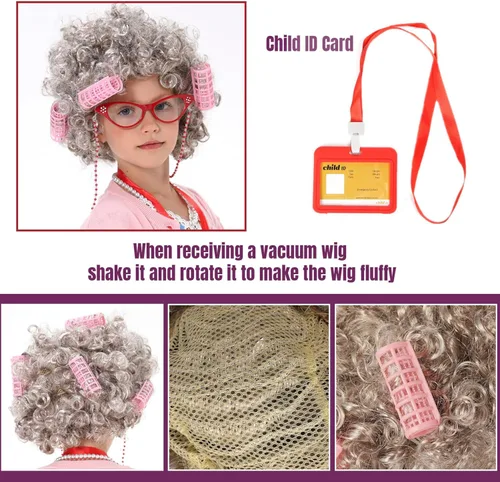 Vista 5 de FAYBOX 9 pcs Old Lady Costume for Kids,Old Lady Wig 100 Days of School Costume for Girls,Halloween Granny Grandma Dress Up