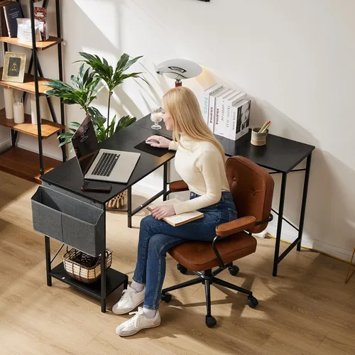 Vista 8 de Sweetcrispy Escritorio en forma de L – Escritorio de computadora, escritorio de esquina, escritorio para juegos, mesa de PC con soporte para CPU