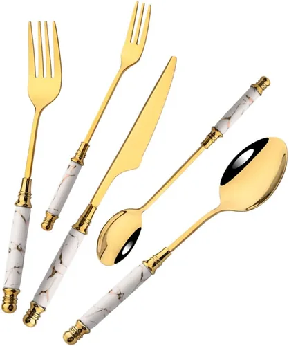Vista 10 de JASHII Fancy Silverware - Juego de cubiertos de acero inoxidable dorado, juego de cubiertos de espejo, cuchillo y tenedor, cuchara, cucharadita