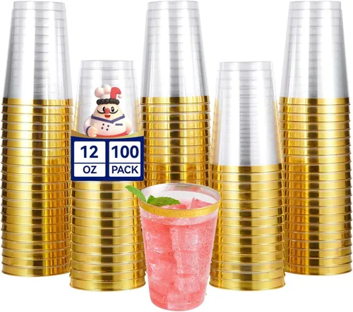 Vista 9 de JOLLY CHEF Paquete de 100 Vasos de Plástico Dorado, Tumblers de Plástico Transparente de 9 oz, Elegantes Vasos con Borde Dorado, Vasos Desechables